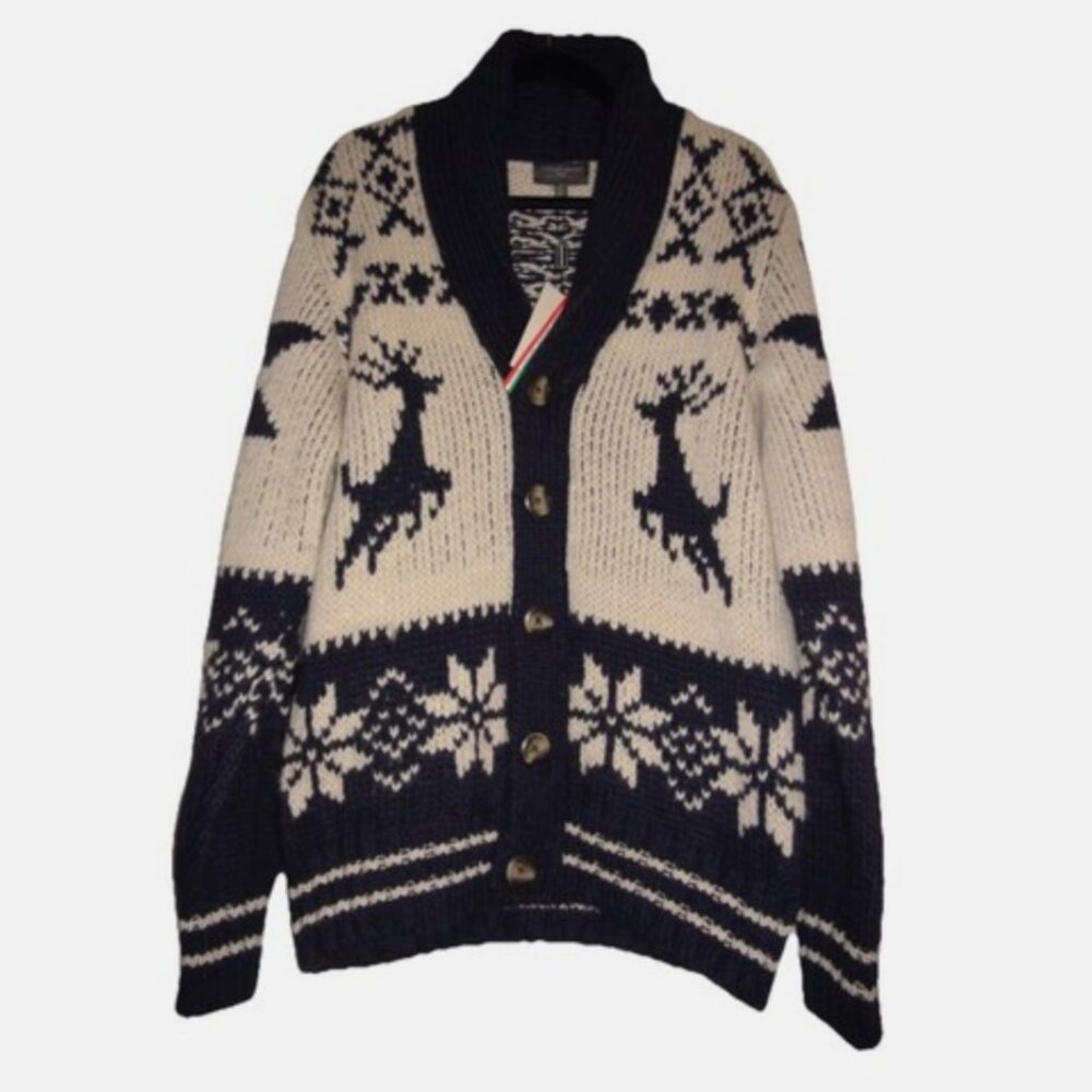 Lorenzo Magni Reindeer Snowflake Cardigan Wool Blend Sweater